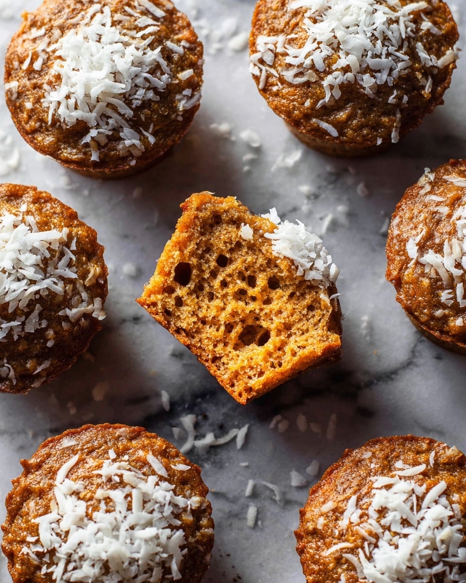 The image shows seven small muffins arranged on a white marbled surface, with one muffin in the center broken in half to show its moist, orange-brown inside texture with small holes. The muffins have a rough brown outer layer and are topped with shredded white coconut flakes. The shredded coconut is spread unevenly across the tops. The lighting is natural, making the texture of the muffins and flakes clear and detailed photo taken with an iphone --ar 4:5 --v 7