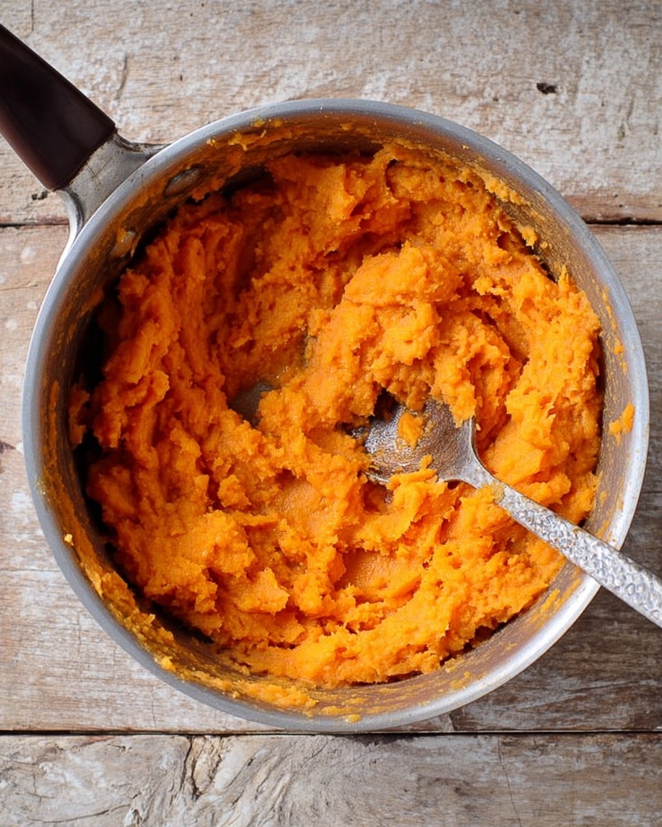 Inside a metal pot, bright orange mashed sweet potatoes fill the whole space with a slightly chunky texture. The spoon inside shows uneven mashing with small bits and soft clumps, its metal handle resting along the edge of the pot. The pot sits on a rustic wooden surface that will be imagined as a white marbled texture. The overall scene has a warm and simple feel. Photo taken with an iphone --ar 4:5 --v 7