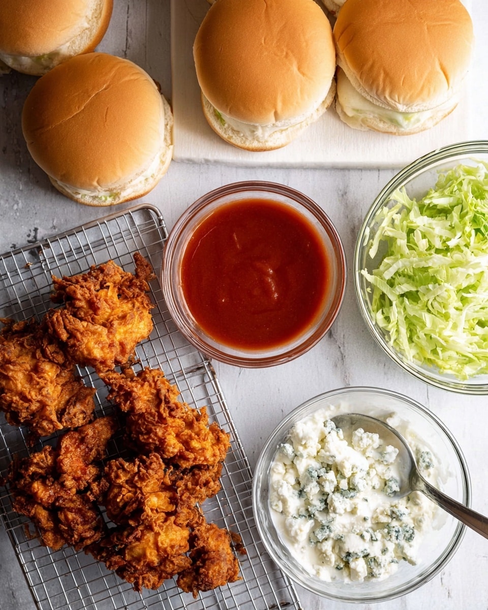 The image shows a white marbled surface with several food items arranged neatly. On the left side, there are six golden brown crispy fried pieces placed closely together on a cooling rack. Above the fried pieces, six soft, light brown sandwich buns are stacked partially overlapping each other. In the center, there's a clear glass bowl filled with smooth red sauce. To the top right, a clear glass bowl contains a pile of finely shredded light green lettuce. At the bottom right, another clear glass bowl holds white creamy dressing with chunks of blue cheese and a metal spoon inside. Photo taken with an iphone --ar 4:5 --v 7