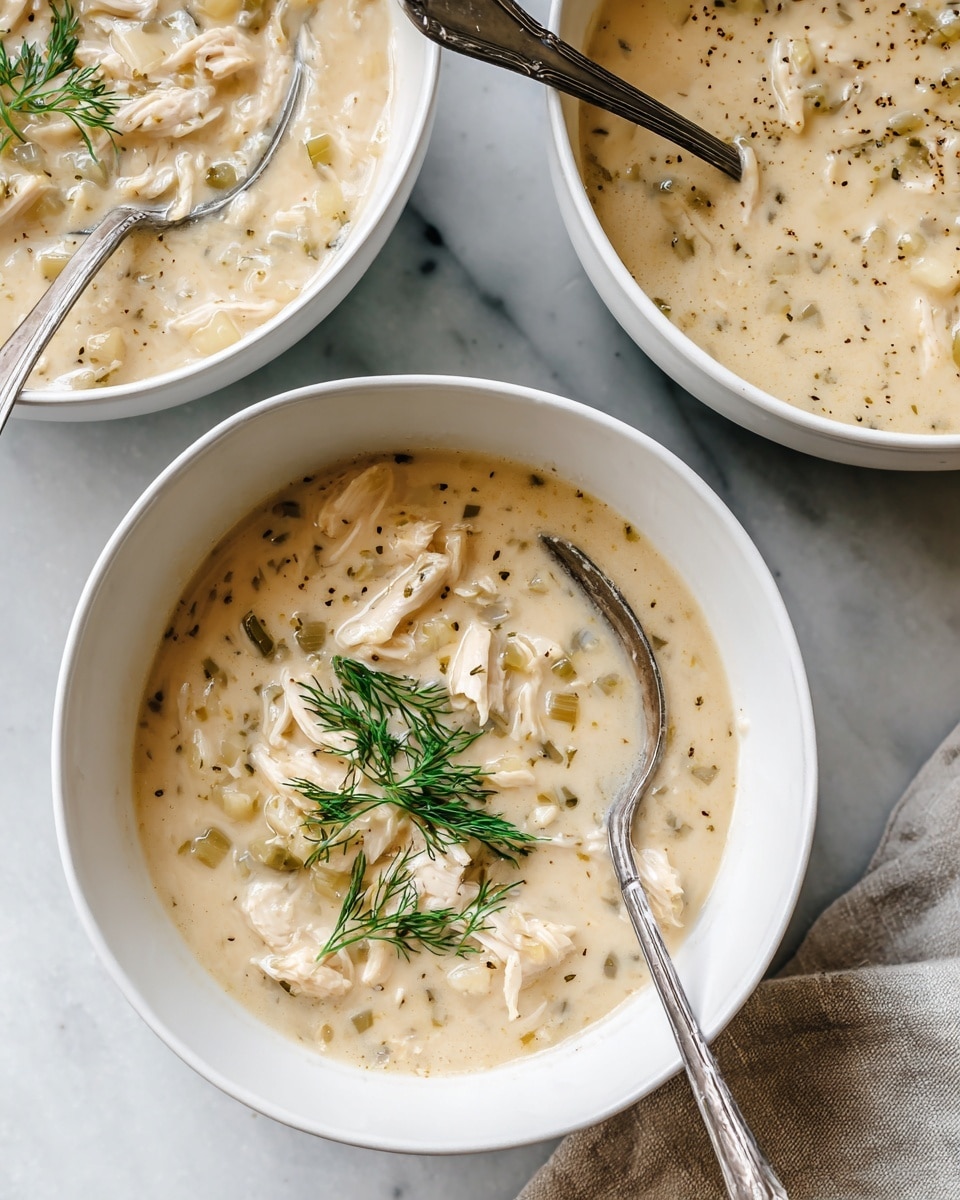 The image shows three white bowls filled with creamy chicken soup placed on a white marbled surface. The soup in each bowl has a thick, pale beige base with visible chunks of tender white chicken pieces, small green celery bits, and soft onion pieces mixed throughout. Fresh green dill is sprinkled on top of the soup in the bottom center bowl, adding a contrast of color. Each bowl has a silver spoon resting inside or beside it, with one spoon partially dipped in the soup. The overall look is warm, rustic, and inviting, with soft lighting highlighting the smooth texture and subtle seasoning. Photo taken with an iphone --ar 4:5 --v 7
