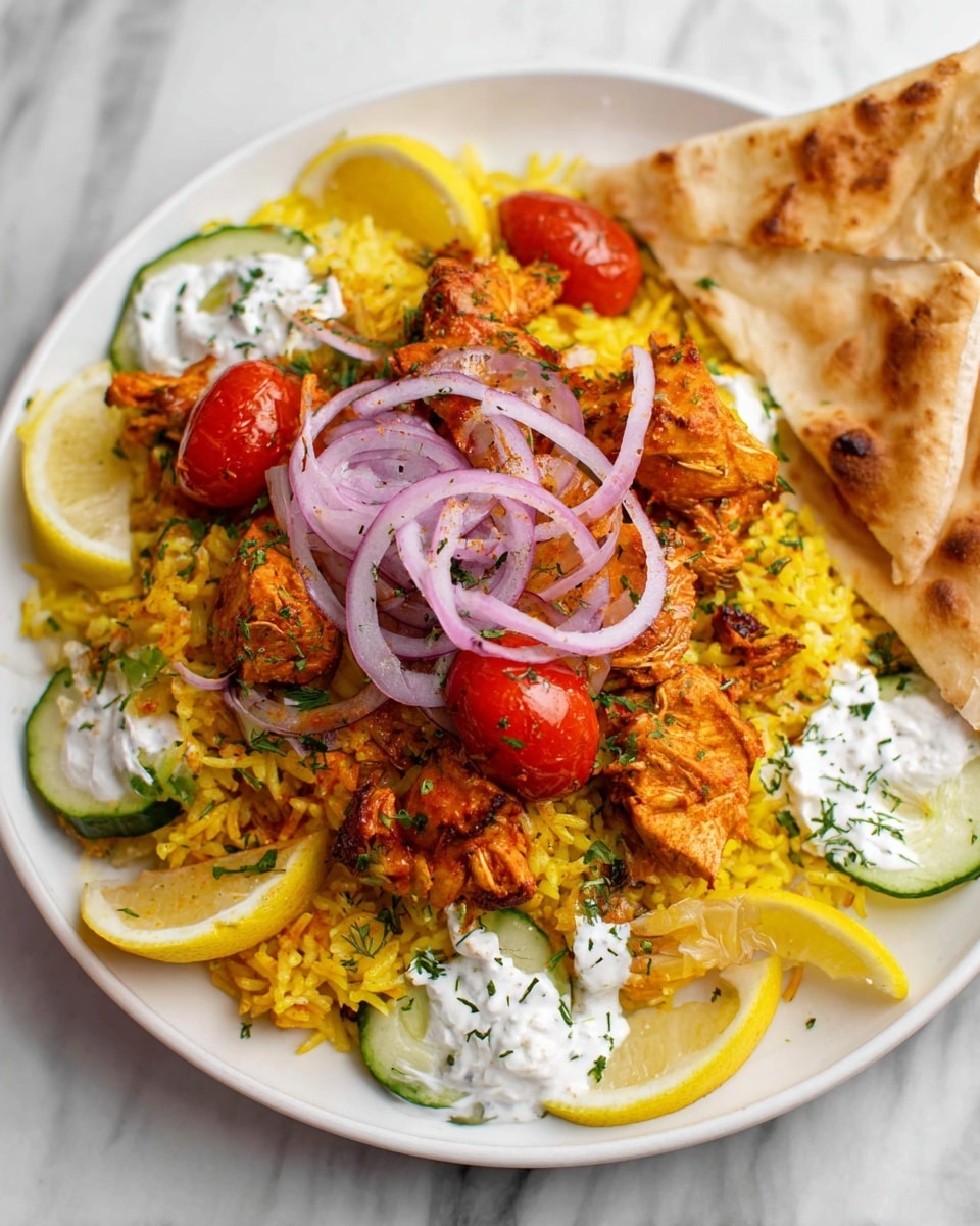 A white plate holds a colorful rice dish with four main layers: at the base is bright yellow rice mixed with small green herbs, topped with chunks of orange-brown spiced chicken scattered evenly; interspersed on top are whole roasted red cherry tomatoes and slices of light green zucchini. Thin purple slices of raw onion swirl across the dish, adding contrast. White dollops of creamy sauce are spread on one side of the rice. Around the edge are thin lemon wedges, and one large triangle of toasted white pita bread rests on the right side of the plate. The background surface is white marble with subtle veins. photo taken with an iphone --ar 4:5 --v 7
