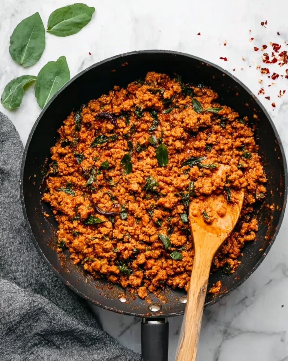 A black pan filled with cooked ground meat mixed with green herbs and reddish sauce, creating a textured and chunky layer that covers the entire pan. A wooden spoon with some of the food on it rests on the right side inside the pan. There is a white marbled surface underneath with a gray cloth at the bottom left and some green leaves along the top edge, along with scattered small red chili flakes near the top right. The colors are warm and earthy with a mix of orange, brown, and green tones. photo taken with an iphone --ar 4:5 --v 7