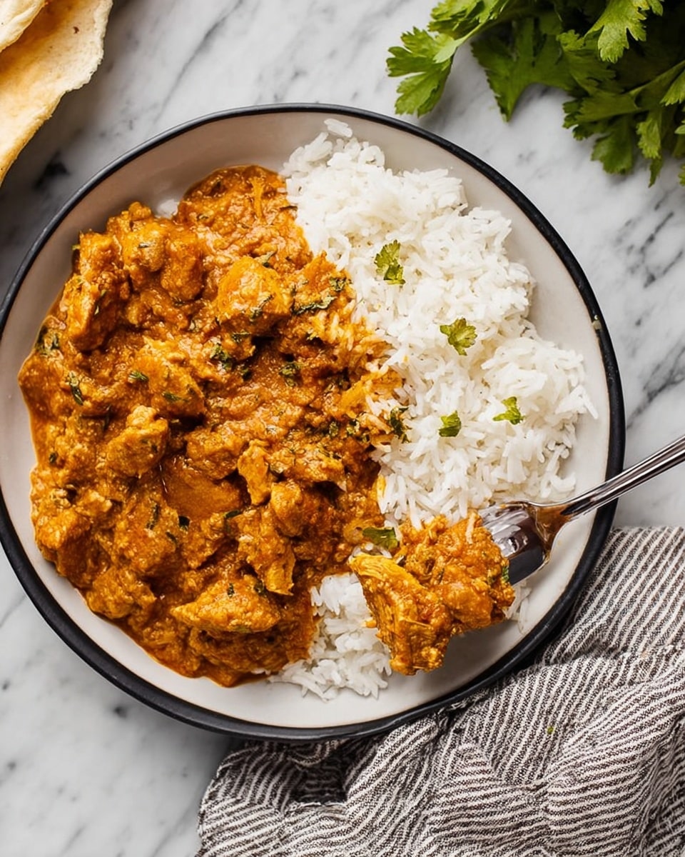 A white round plate holds a serving of white rice on the left side, with a generous layer of orange-brown curry sauce mixed with chunks of meat spread over the rice on the right side. Small green herb pieces are sprinkled lightly on top of the curry, adding a touch of color. A silver fork is lifting a piece of the curry from the plate at the bottom right. The plate sits on a white marbled surface with a striped cloth napkin partially visible to the right and some green leaves nearby. Photo taken with an iphone --ar 4:5 --v 7