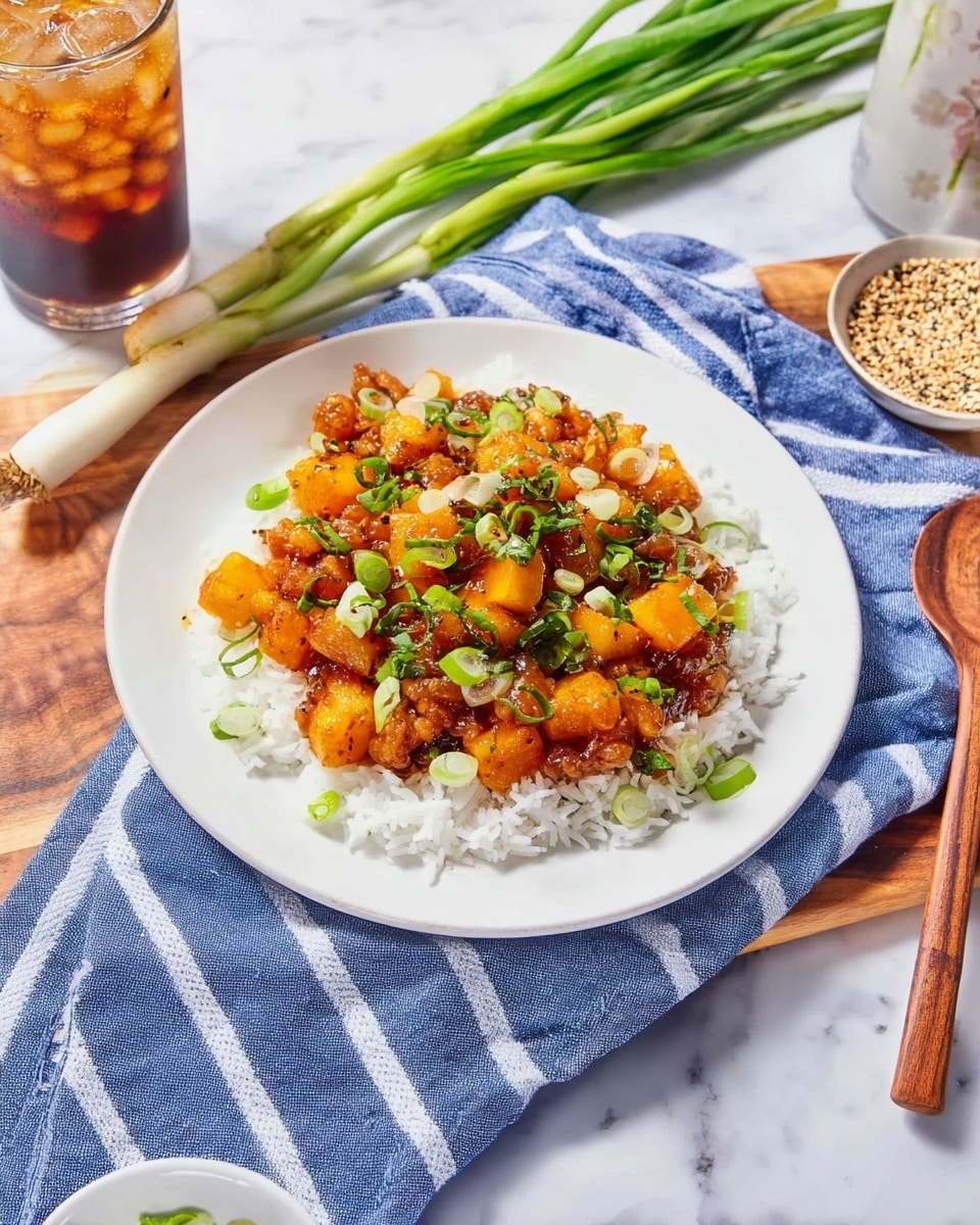 A white plate holds a dish with two layers: the bottom layer is fluffy white rice, and the top layer is a mix of golden brown cooked pieces and small orange cubes, likely cooked fruit, all coated in a shiny sauce. Bright green chopped pieces are sprinkled on top along with some white seeds. The plate is on a blue cloth with white stripes, resting on a wooden board over a white marbled surface. Nearby, there is a bunch of green onions, a wooden spoon, a small white bowl of seeds, and a glass of dark iced drink. photo taken with an iphone --ar 4:5 --v 7