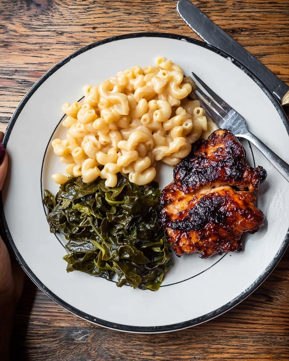 A white round plate with black rim holds three distinct food sections: on the right, a single grilled piece of chicken with a shiny, dark brown charred crust; on the top left, a creamy pile of mac and cheese in pale yellow with soft, curly macaroni shapes; on the bottom left, cooked dark green leafy vegetables with a slightly wet, glossy texture. The plate sits on a wooden table with visible grain patterns. A knife and fork with black handles rest to the right side of the plate with a woman's hand partly visible near the fork. Photo taken with an iphone --ar 4:5 --v 7
