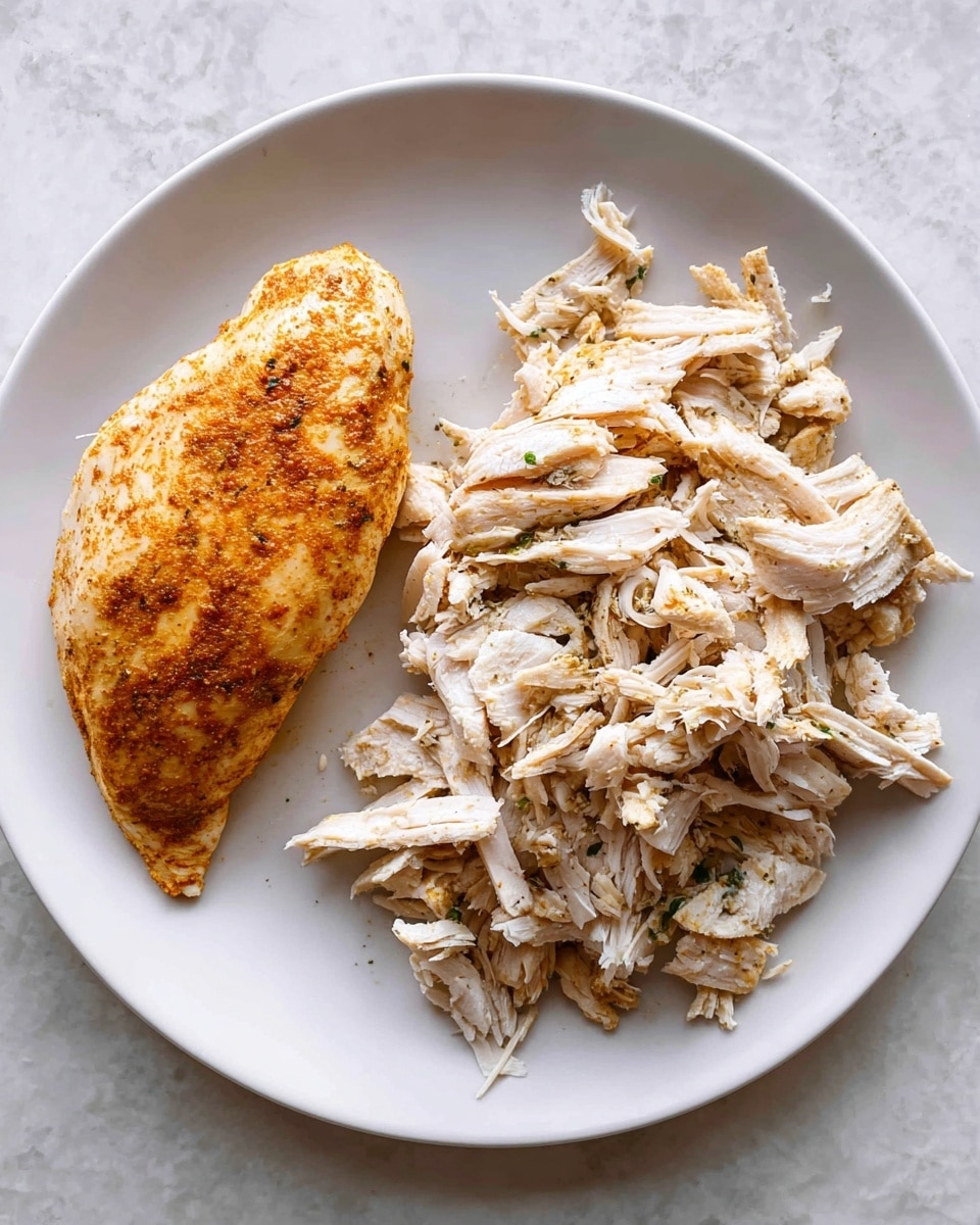 Slow Cooker Chicken Tortilla Soup Recipe 5 On a white plate, there is one whole cooked chicken breast with a golden brown spice coating on the top left side. Next to it on the right and below, there is a large pile of shredded chicken pieces, white with hints of brown seasoning and some green herbs mixed in. The plate is placed on a white marbled surface. photo taken with an iphone --ar 4:5 --v 7