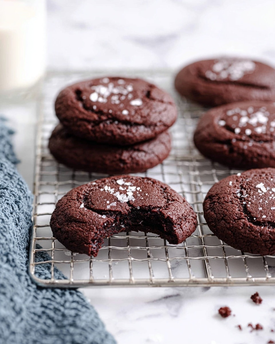 The image shows five dark brown chocolate cookies on a metal cooling rack, placed on a white marbled surface. The cookies are round and slightly thick with a soft and chewy texture. One cookie in the front has a bite taken out of it, revealing a dense, moist inside. Each cookie is sprinkled with coarse white salt flakes on top, adding a contrast in color and texture. There are some small cookie crumbs scattered on the surface near the edge of the rack. In the background, a blurred white glass and a blue textured cloth can be seen. photo taken with an iphone --ar 4:5 --v 7
