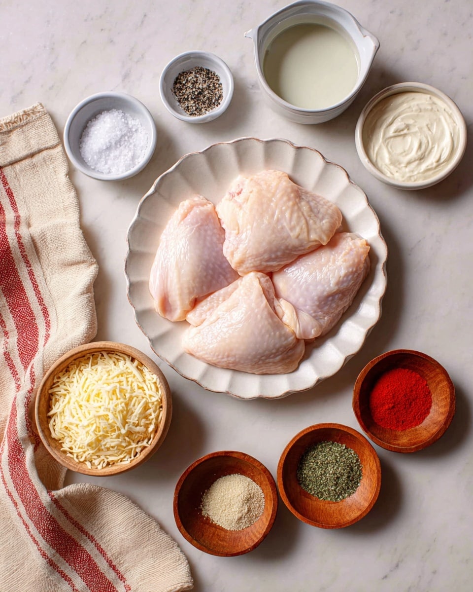 Four raw chicken pieces are placed on a white scalloped plate in the center, each piece showing a smooth, pale pink texture. Around the plate, there are six small white bowls and three round wooden bowls arranged neatly on a white marbled surface. The top left bowl holds coarse salt and crushed black pepper, the middle bowl contains a white liquid, and the top right bowl has a creamy white sauce with a swirled texture. Below to the left is a bowl filled with finely shredded pale yellow cheese. At the bottom center, three wooden bowls contain bright red paprika, light beige powder, and dried green herbs, each textured and vibrant. A beige cloth with thin red stripes lies folded on the left edge of the surface. photo taken with an iphone --ar 4:5 --v 7