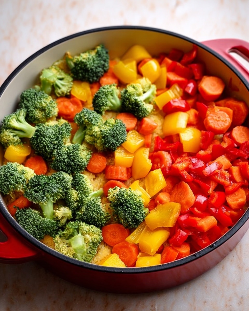 The image shows a cooking pan filled with three layers of vegetables. The bottom layer has light golden-brown textured pieces, possibly cooked shallow. The middle layer contains chunks of bright yellow and vivid red bell peppers with a smooth surface. The top layer is made up of green broccoli florets with a bumpy texture and sliced orange carrots that are smooth and round. The pan itself is white inside with a red outer rim, sitting on a white marbled textured surface. photo taken with an iphone --ar 4:5 --v 7