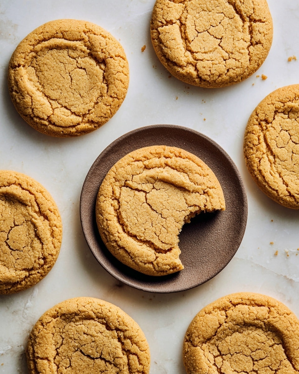 The image shows seven golden brown cookies with a cracked surface texture, arranged on a white marbled background. One cookie is placed alone on a small dark brown plate in the center, with a bite taken out of its side. The other six cookies are scattered around the plate, evenly spaced and fully whole. The cookies are round, soft looking, and slightly uneven on the edges, with visible texture lines and cracks across the top. Photo taken with an iphone --ar 4:5 --v 7