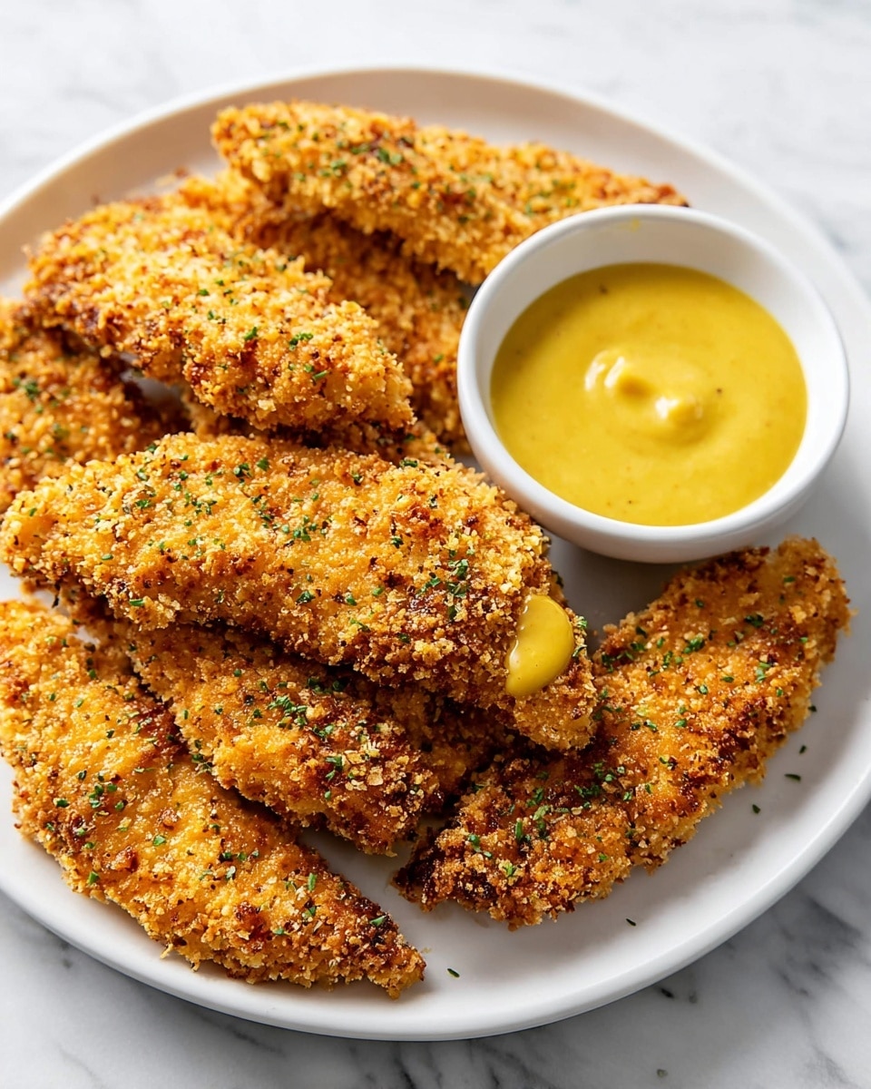 The image shows a white plate filled with six golden brown crispy chicken strips, each covered in a crunchy breadcrumb coating with small green herb sprinkles on top. One chicken strip is partially dipped into a small white bowl of smooth yellow mustard sauce, placed near the center of the plate. The plate sits on a white marbled surface with a soft shadow under it. The texture of the chicken looks crunchy and detailed, with a warm color palette highlighting the fried coating and sauce. photo taken with an iphone --ar 4:5 --v 7