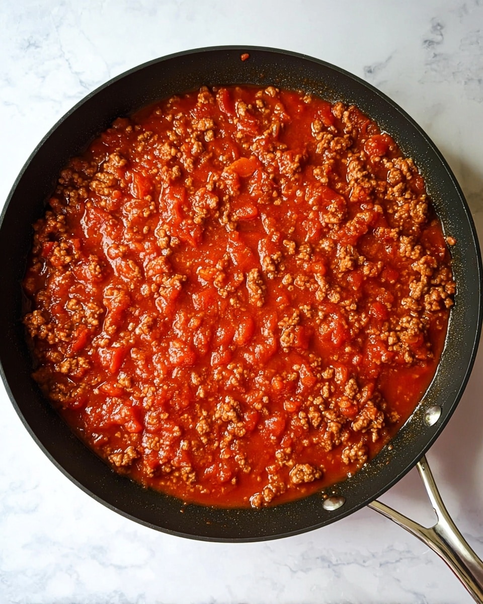 A black pan filled with a thick layer of rich red tomato sauce mixed with small pieces of browned ground meat, evenly spread across the pan surface. The sauce shows a shiny, slightly chunky texture from diced tomatoes and meat crumbles. The pan has a silver metal handle placed on a white marbled surface. Photo taken with an iphone --ar 4:5 --v 7