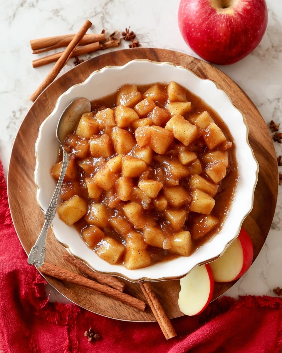 A white scalloped bowl filled with small chopped apple pieces cooked in a brown cinnamon sauce, making the apples look soft and juicy with a shiny texture, a silver spoon partially under the apple mix on the left side inside the bowl, all placed on a round wooden board with a red apple, a sliced apple piece, and two cinnamon sticks arranged around the bowl, and a red cloth underneath the board on a white marbled surface, photo taken with an iphone --ar 4:5 --v 7