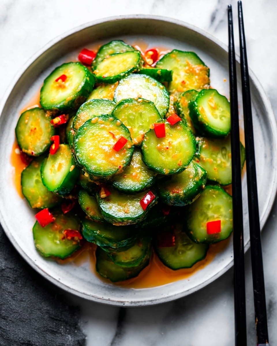 A white plate with a pile of sliced green cucumbers stacked in the center. The cucumbers are thick, fresh, and shiny with a bright green peel and pale green inside. Scattered among the cucumber slices are small pieces of red chili peppers, adding a pop of red color. The cucumbers have a light layer of orange sauce drizzled over them, giving them a glossy look. Black chopsticks rest on the plate's right side, and the plate is placed on a white marbled surface. photo taken with an iphone --ar 4:5 --v 7