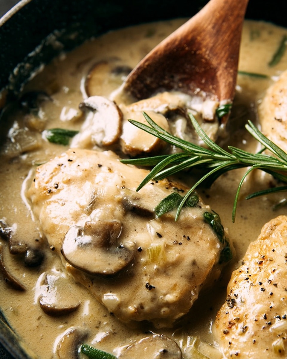 The image shows a close-up of a creamy chicken dish in a pan, with two light golden chicken pieces partly covered by thick beige sauce. The sauce has visible slices of light brown mushrooms and small green herb leaves mixed in. On top of the chicken, there is a fresh sprig of green rosemary, adding a sharp contrast. A light wooden spoon is resting on the side of the pan, slightly inside the sauce. The pan is dark but the background is not visible due to a close view. The texture of the sauce is smooth with small specks of black pepper. photo taken with an iphone --ar 4:5 --v 7