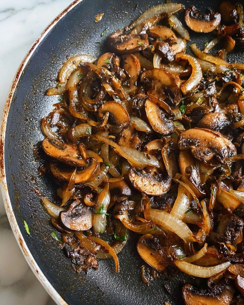 A close-up view of a black pan filled with cooked brown sliced mushrooms and thinly sliced onions. The mushrooms and onions are mixed together and look soft with a shiny, slightly oily texture. The pan surface shows some small bits of cooked food, giving a rustic feel. The background is a white marbled surface. photo taken with an iphone --ar 4:5 --v 7
