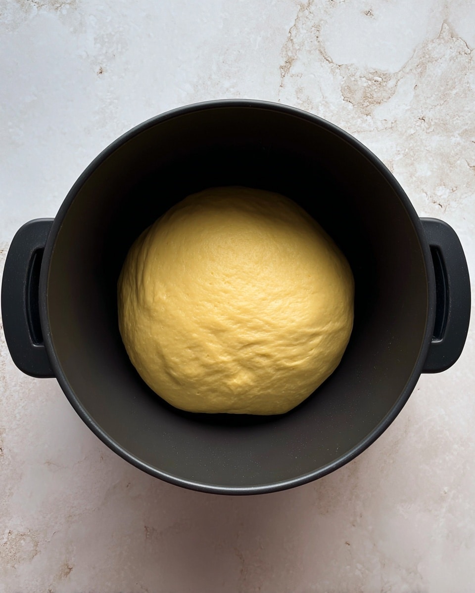 A smooth, round ball of light yellow dough sits in the center of a large black mixing bowl with two small handles. The dough has a soft, slightly shiny texture and fills about half the bowl, with gentle folds visible on the surface. The bowl is placed on a white marbled surface. photo taken with an iphone --ar 4:5 --v 7