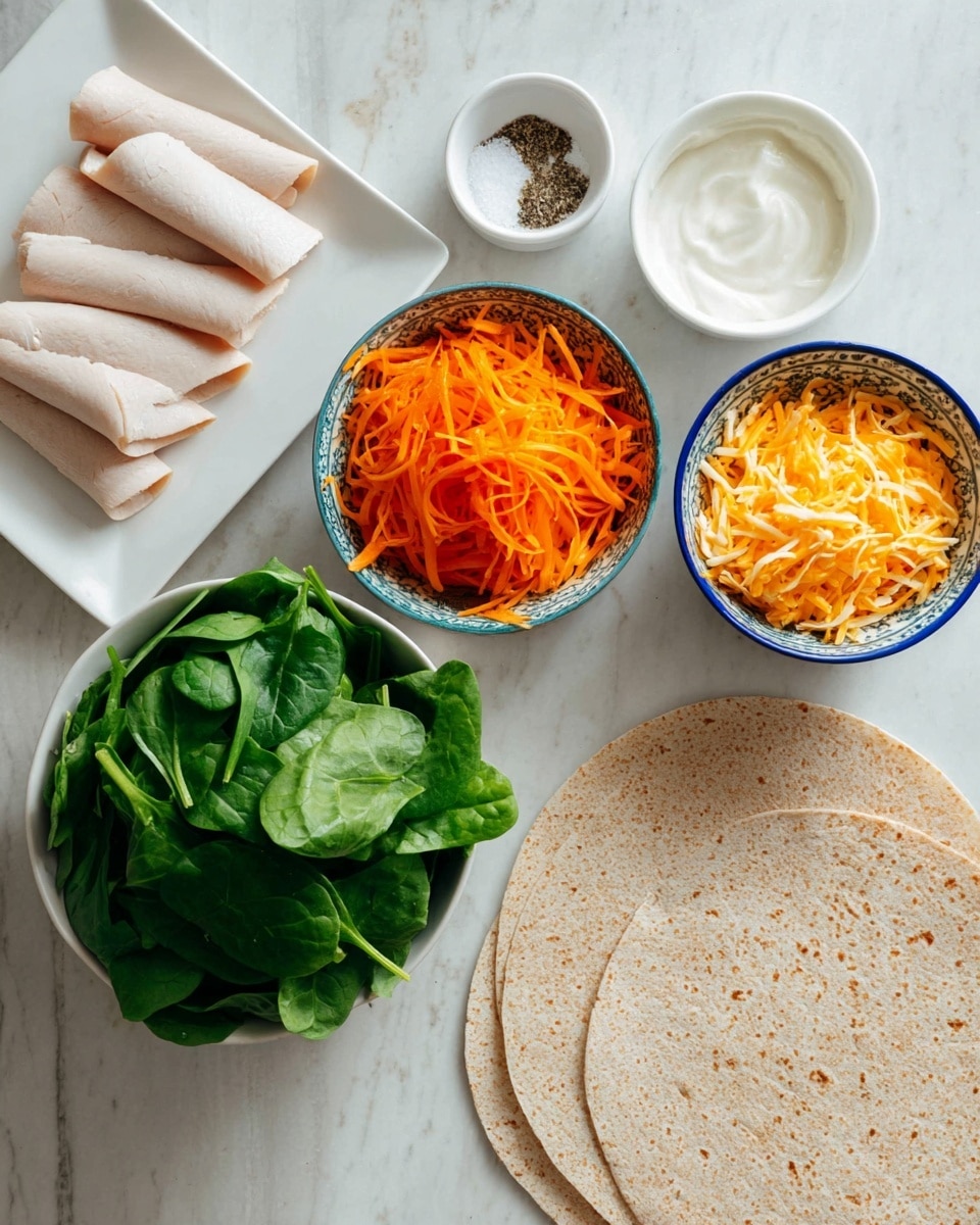 The image shows ingredients for a wrap on a white marbled surface, including two whole wheat tortillas at the bottom right, a bowl of fresh green spinach leaves in the center, a bowl of bright orange shredded carrots at the bottom left, a bowl of shredded cheddar cheese at the top right, a small white bowl with a white creamy sauce below the cheese, another small blue and white bowl with a different white creamy sauce next to it, a small bowl with salt and black pepper at the top left, and several slices of light-colored deli meat on a white square plate to the left. Photo taken with an iphone --ar 4:5 --v 7