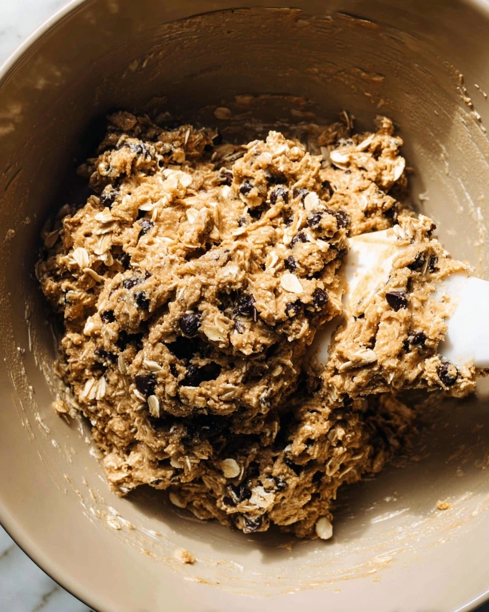 A close-up of a large mixing bowl filled with chunky cookie dough that has visible oats and small dark chocolate chips scattered throughout. The dough is thick and textured, showing a mix of light brown and beige colors from the oats and batter. A white spatula is partially buried in the dough on the right side of the bowl, lifting some of the mixture, with the edge of a woman's hand holding the spatula barely visible. The inside of the bowl reflects some light, adding depth to the scene. The background is a white marbled texture. photo taken with an iphone --ar 4:5 --v 7