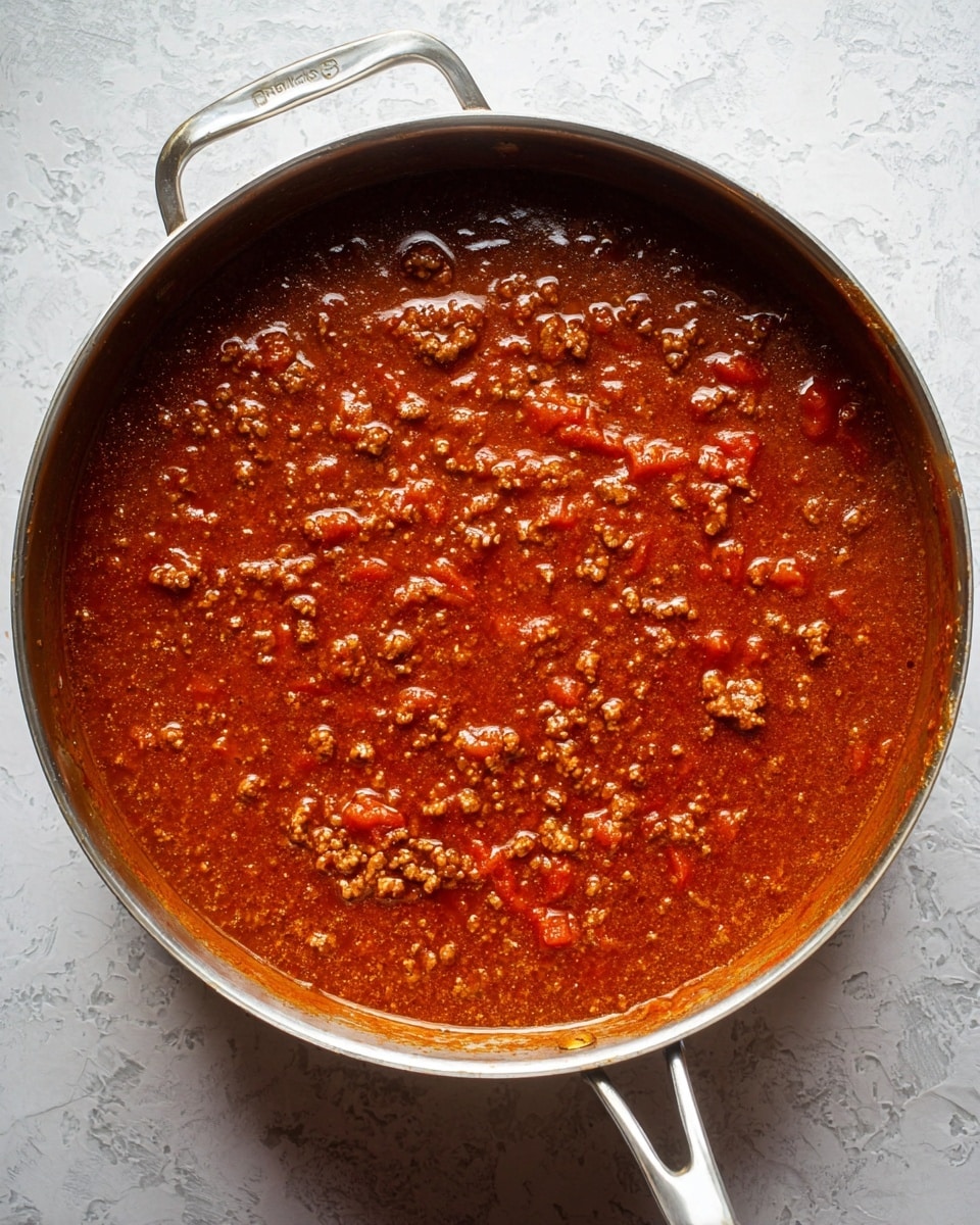 A close-up top view of a large metal pot filled with thick brownish-red meat sauce with small pieces of ground meat and chunks of tomato mixed in, showing a slightly oily texture on the surface, sitting on a white marbled texture background; the pot has sturdy handles with one handle in the upper left corner and the other in the bottom right corner, the sauce nearly fills the pot with small bubbles and texture visible throughout the sauce photo taken with an iphone --ar 4:5 --v 7