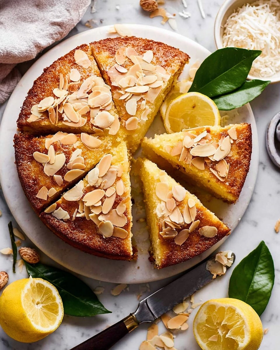 A round, golden brown almond cake sliced into six pieces sits on a white plate over a white marbled surface. The top layer is covered with toasted almond slices, adding a light brown, crunchy texture. Three lemon slices with green leaves rest beside the cake on the right, providing a fresh yellow and green contrast. A knife with a dark handle lies diagonally below the cake, near a lemon wedge and some scattered toasted almond pieces. In the background, a small white bowl of shredded coconut is partially visible. photo taken with an iphone --ar 4:5 --v 7