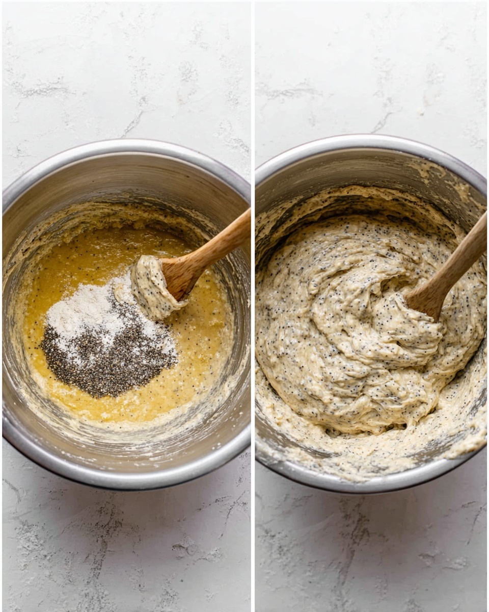 A close-up view of two stages of batter mixing in a silver metal bowl placed on a white marbled surface. The left side shows the first stage with a yellow batter base mixed with flour and black poppy seeds piled on top, with a wooden spatula resting inside the bowl. The right side shows the batter after mixing, now light beige in color with black poppy seeds evenly spread throughout, having a thick and slightly lumpy texture. The wooden spatula is partially covered in batter and placed inside the bowl from the same angle. Photo taken with an iphone --ar 4:5 --v 7