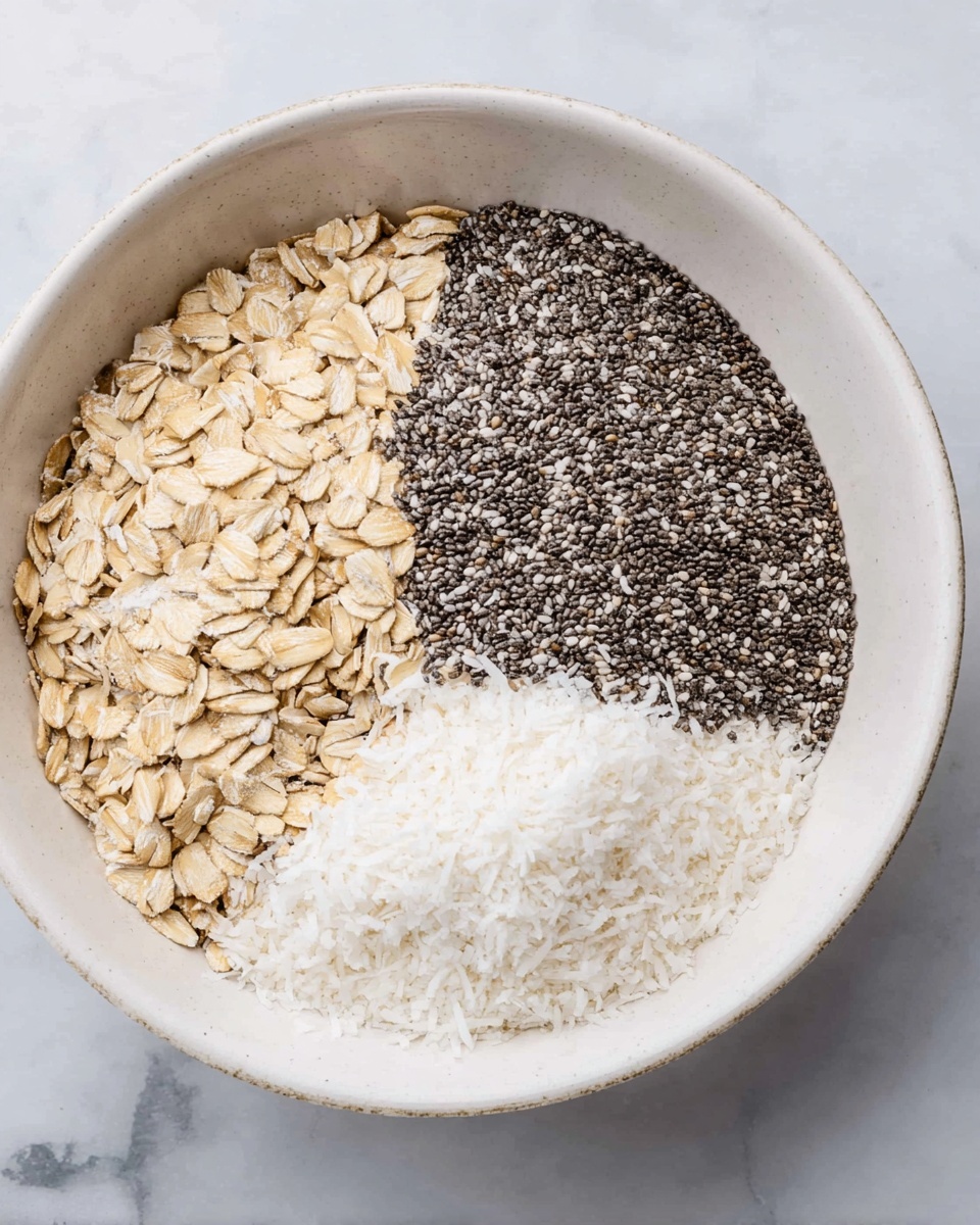 A white bowl on a white marbled surface contains three dry ingredients arranged side by side. The left section is filled with light tan rolled oats showing their flat and slightly rough texture. The middle section has a large amount of small, dark gray chia seeds with a smooth, shiny appearance. The right section contains a fine, fluffy white powder, likely shredded coconut, with a soft texture. The ingredients are neatly separated, creating a clear division between the three layers. Photo taken with an iphone --ar 4:5 --v 7