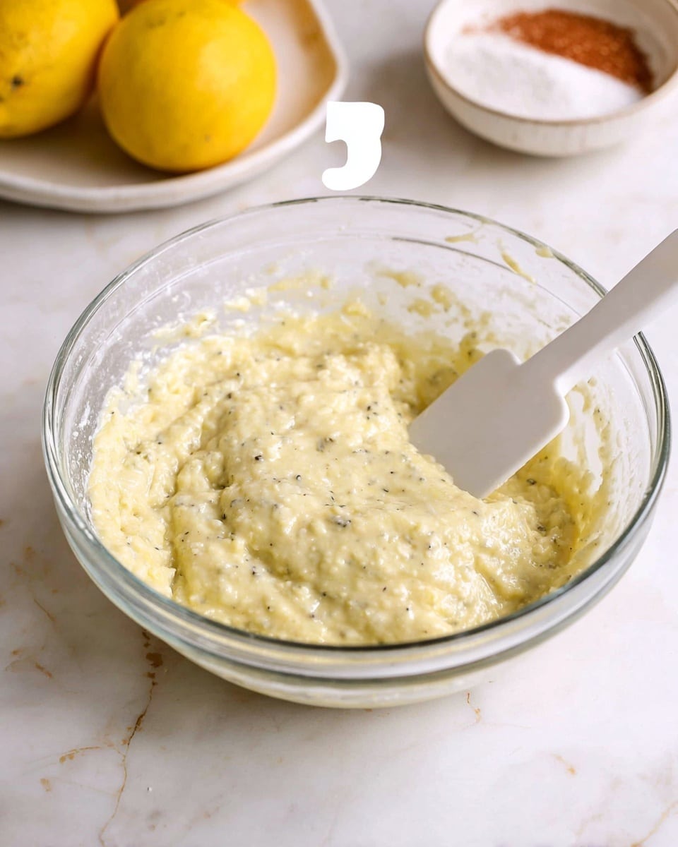 A clear glass bowl sits on a white marbled surface filled with a thick, creamy, pale yellow batter mixed with tiny black specks throughout. A white spatula is partially submerged on the right side of the batter, showing its slightly lumpy texture. In the background, there is a blurred white plate holding two bright yellow lemons and a small white bowl with a reddish-brown powder. The image has a soft, natural light, making the batter look fresh and ready for baking, photo taken with an iphone --ar 4:5 --v 7