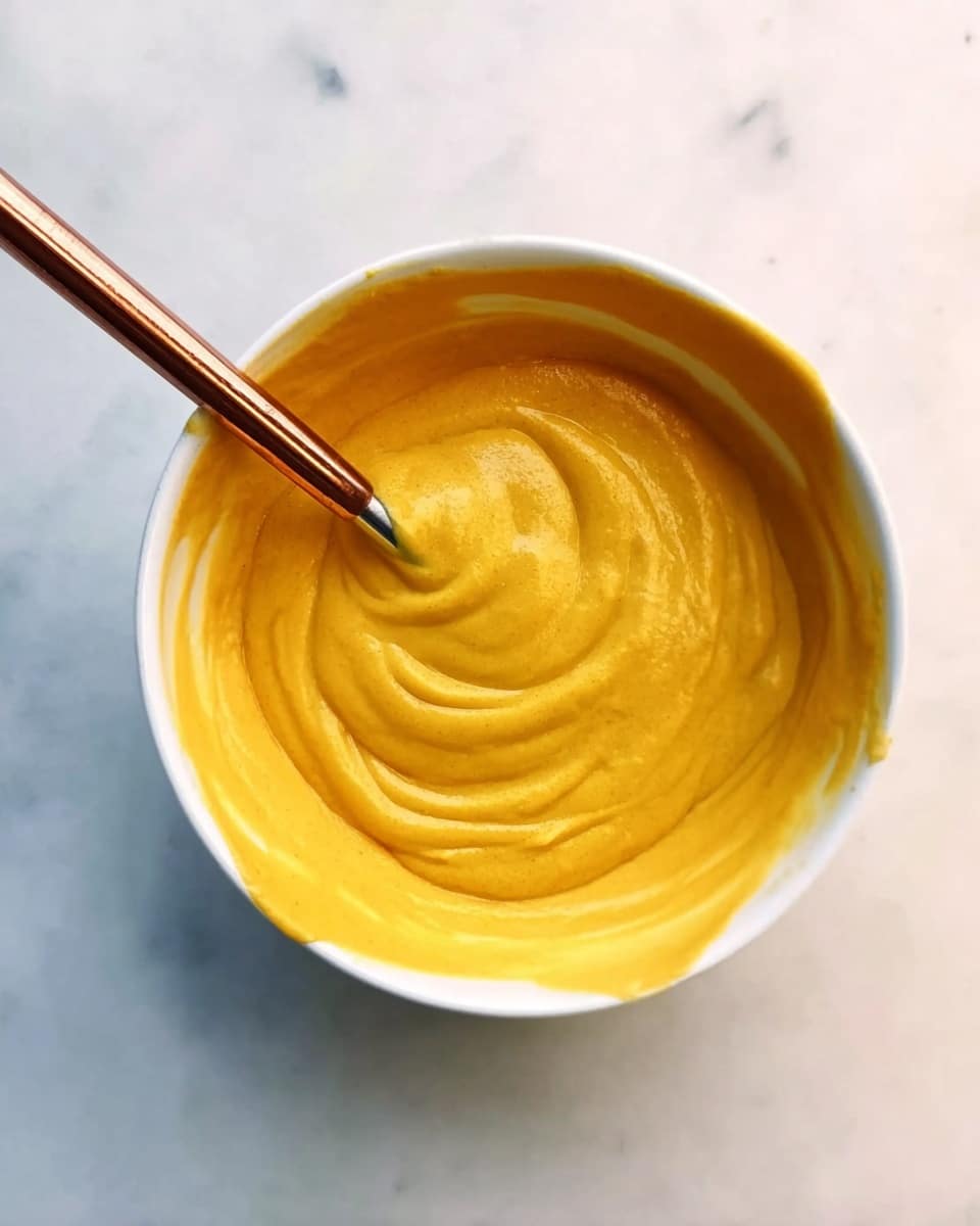 A white bowl filled with smooth, thick, yellow-orange sauce with a creamy texture. A thin copper stick is stirring the sauce inside the bowl, which sits on a white marbled surface. The sauce has a shiny, uniform appearance with soft swirls from stirring. Photo taken with an iphone --ar 4:5 --v 7