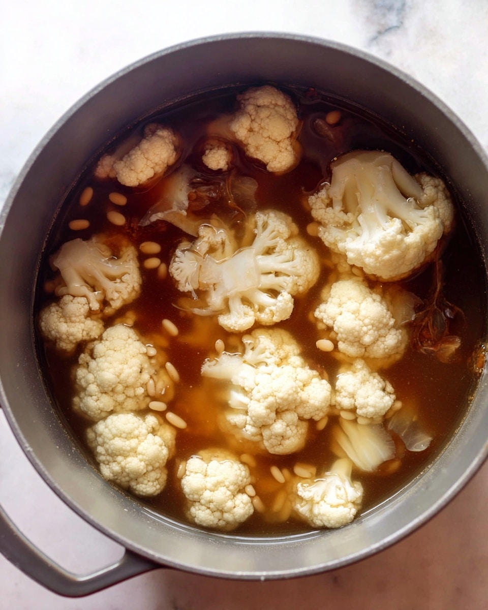 A close-up top view of a grey pot showing a soup inside it, with a dark brown broth filled with whole cauliflower florets that are creamy white with a rough texture, and small light brown beans scattered throughout the broth. The pot is sitting on a white marbled surface. Photo taken with an iphone --ar 4:5 --v 7