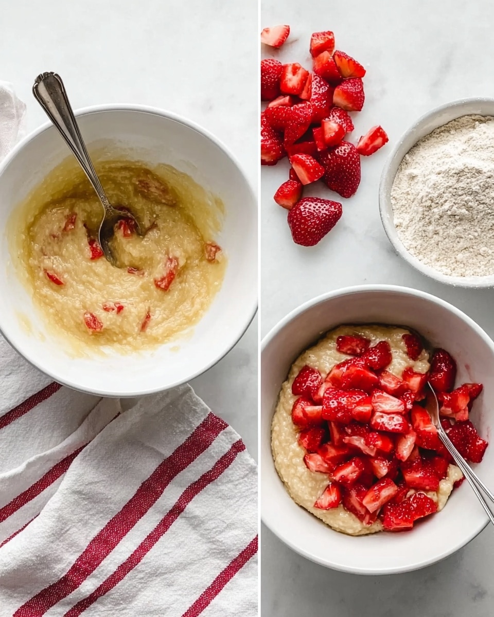 The image shows two white bowls on a white marbled surface with a white and red striped cloth nearby. The left bowl has a yellowish mushy mixture with a spoon inside, next to a pile of chopped red strawberries and a bowl of white flour. The right bowl contains a thicker beige batter mixed with red chopped strawberries on top, with a spoon resting inside. The scene looks like a baking process with bright natural light. photo taken with an iphone --ar 4:5 --v 7
