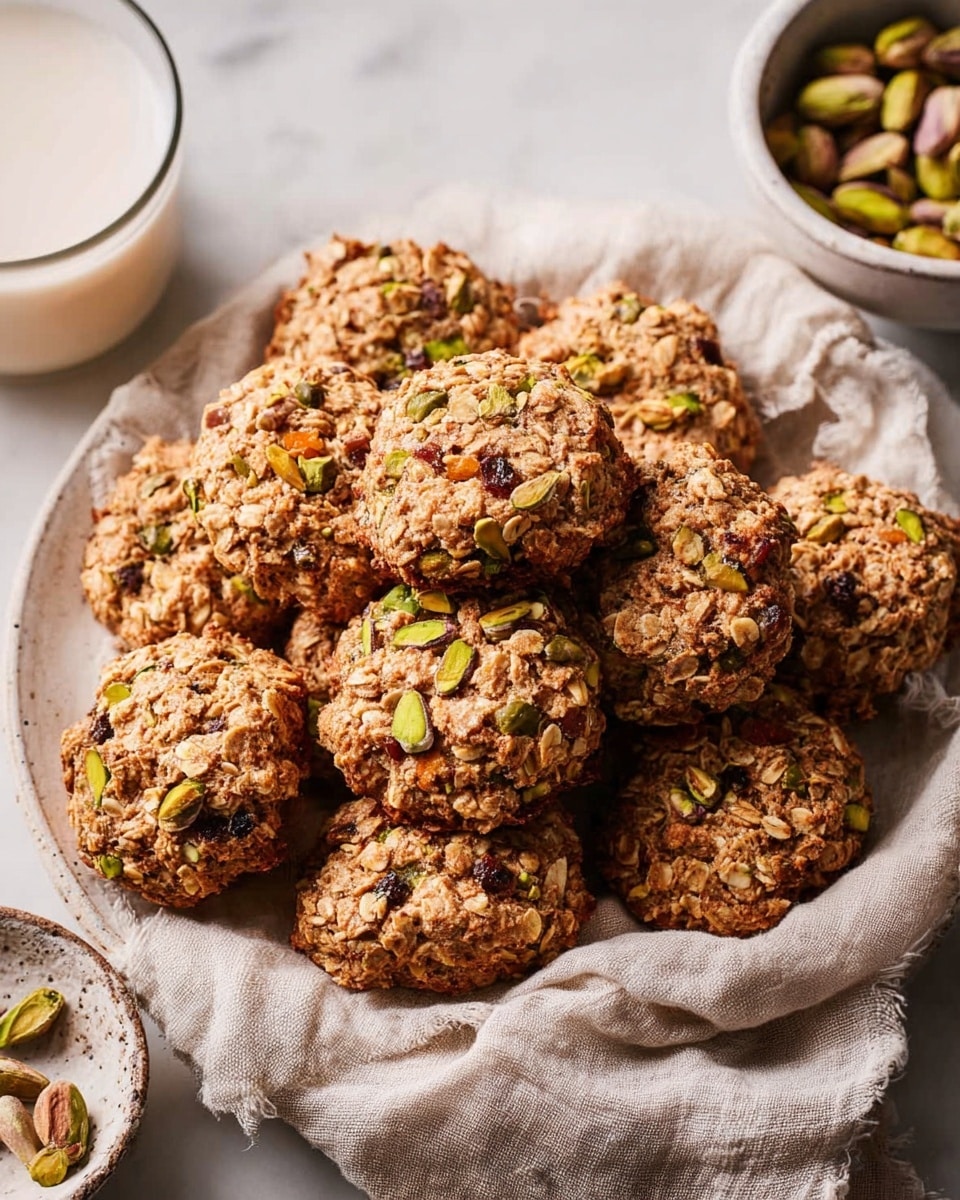 A rustic pile of round oatmeal cookies with visible chunks of green pistachios and small amber raisins, sitting on a crumpled light beige cloth that lines a white plate, all placed on a white marbled surface. The cookies have a textured, coarse surface that highlights the oats and nuts mixed inside. To the side, part of a white bowl with additional green pistachios and a glass of light beige milk with froth on top are partly visible. Photo taken with an iphone --ar 4:5 --v 7