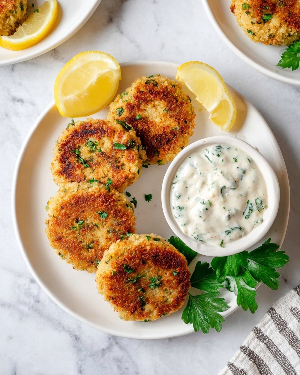 A white plate shows five small, round, golden-brown patties with a crunchy texture, sprinkled with green parsley bits. Two lemon wedges, bright yellow with white rind, are placed near the top left edge of the plate. A small white bowl on the right side of the plate holds a creamy white sauce speckled with green herbs and small pieces, resting on a few fresh flat parsley leaves. The plate is set on a white marbled surface with a hint of a striped cloth in the background and part of another plate with similar patties and a lemon wedge visible at the top. Photo taken with an iphone --ar 4:5 --v 7