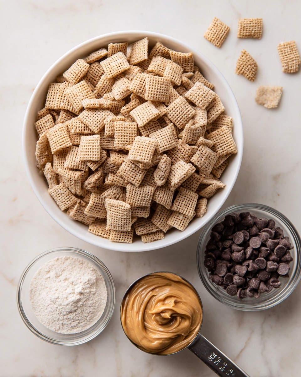 A large white bowl filled with light brown square rice chex cereal pieces with a woven texture sits on a white marbled surface. To the right, there is a small clear glass bowl containing dark brown chocolate chips with a shiny texture. Below the large bowl, a small clear glass bowl holds white plant-based vanilla protein powder with a soft, powdery texture. Next to it, on the right, is a silver measuring cup filled with smooth, light brown peanut butter. The items are arranged neatly and spaced evenly apart. Photo taken with an iphone --ar 4:5 --v 7