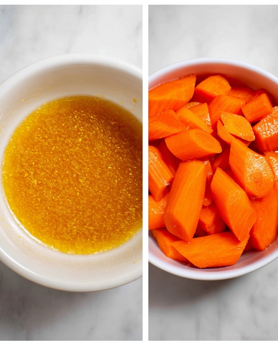 The image shows two white bowls placed side by side on a white marbled surface. The bowl on the left contains a yellow-orange mixture with a slightly grainy texture, which looks like a sauce or marinade. The bowl on the right is filled with bright orange carrot pieces that are shiny and smooth, cut into thick, uneven chunks. Both bowls have a simple, clean look with no extra decoration. photo taken with an iphone --ar 4:5 --v 7