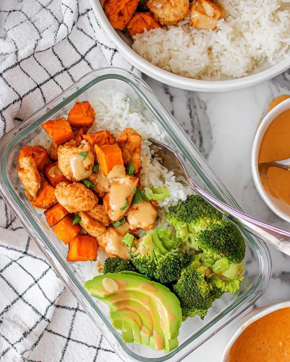 The image shows a white rectangular glass container filled with a meal. The bottom layer is white rice, topped with small golden-brown cooked chicken pieces with a light sauce drizzled over them. Orange roasted sweet potato cubes are mixed in with the chicken. To the right, there are bright green broccoli florets and slices of fresh avocado with some sauce on top. A silver fork is placed inside the container. In the background, there is a white round bowl with white rice and some chicken pieces. The surface underneath is a white marbled texture, and a white cloth with a black grid pattern is partially visible near the container. A white bowl with an orange sauce is also partially seen on the right side. Photo taken with an iphone --ar 4:5 --v 7