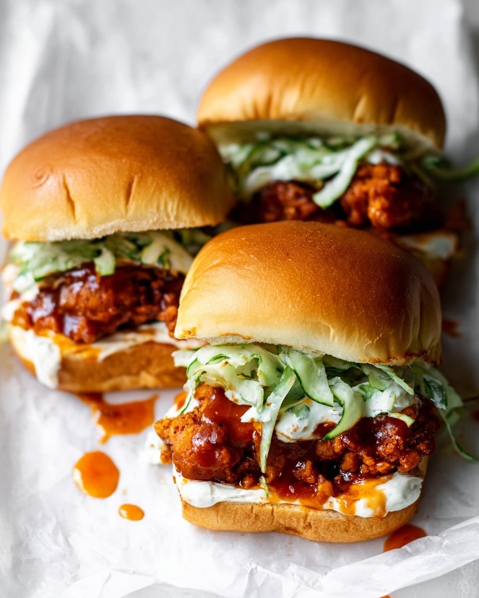 Three soft, light brown sandwich buns stacked close together on a white marbled surface with white paper underneath. Each sandwich has three layers: the bottom layer is a crispy fried piece covered in a shiny dark reddish-orange sauce, the middle layer is creamy white sauce spread unevenly, and the top layer is fresh light green, thinly sliced vegetables creating a crunchy texture. Small drops of sauce are visible on the paper, adding a messy, fresh look. photo taken with an iphone --ar 4:5 --v 7