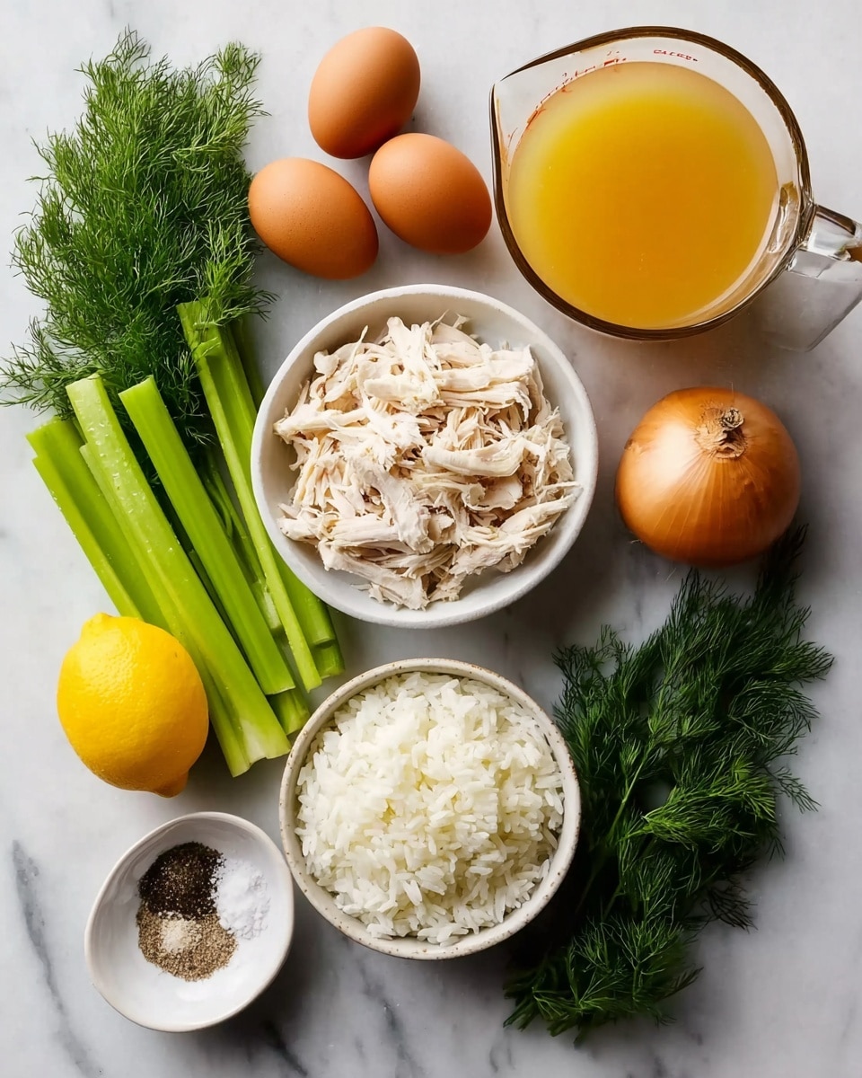 The image shows an overhead view of a white marbled surface with several ingredients neatly arranged. At the top right, there is a clear glass measuring cup filled with golden broth. Below it, slightly to the left, is a small white bowl filled with shredded white cooked chicken. Next to the chicken bowl is an unpeeled brown onion, followed by a bright yellow lemon. Two brown eggs are placed near the lemon. At the bottom left, three long stalks of celery lie parallel to each other. Above the celery, a bunch of fresh green dill with feathery leaves is positioned. In the bottom center sits a white bowl full of fluffy white rice. Finally, in front of the rice bowl, there is a small white dish holding a mix of salt and ground black pepper. The photo taken with an iphone --ar 4:5 --v 7