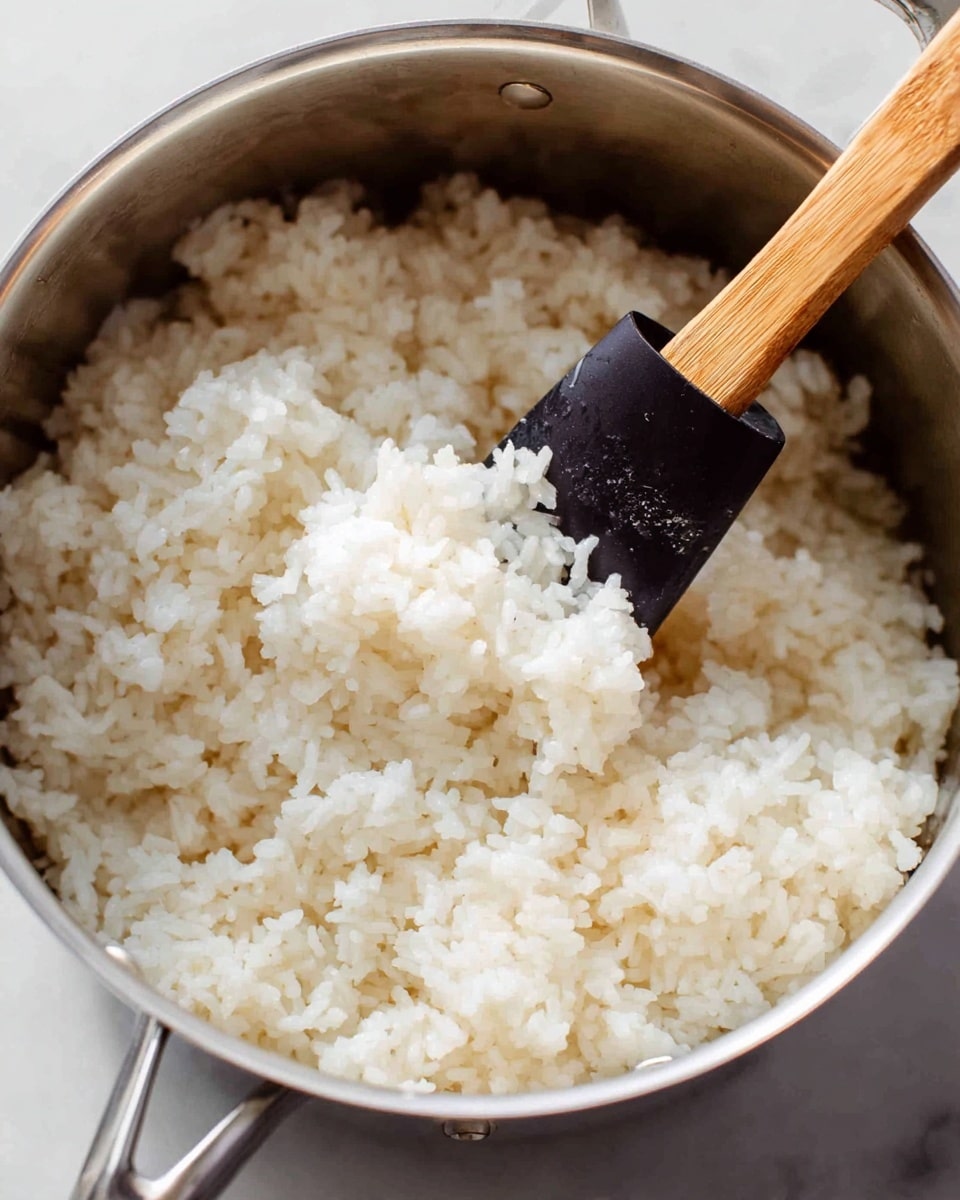 A close-up view of a shiny silver pot filled with soft cooked white rice, showing the fluffy and slightly sticky texture of individual grains piled in one layer. A wooden spatula with a black silicone head is resting inside the pot, lifting some rice which clings slightly to the spatula’s surface. The pot is set on a white marbled surface, giving a clean and simple look. photo taken with an iphone --ar 4:5 --v 7