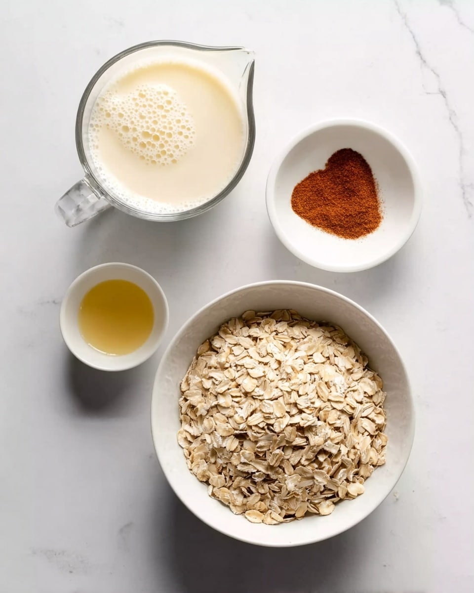 The image shows four white bowls on a white marbled surface. The largest bowl at the bottom contains pale beige rolled oats filling most of the bowl. Above it to the left is a clear glass measuring cup filled with light cream-colored milk, with bubbly foam on top. To the right of the measuring cup, a small white bowl holds a reddish-brown powder, cinnamon, shaped like a loose heart. Below this, another small white bowl contains a small amount of pale yellow liquid, likely vanilla extract. The arrangement is simple and neat. Photo taken with an iphone --ar 4:5 --v 7
