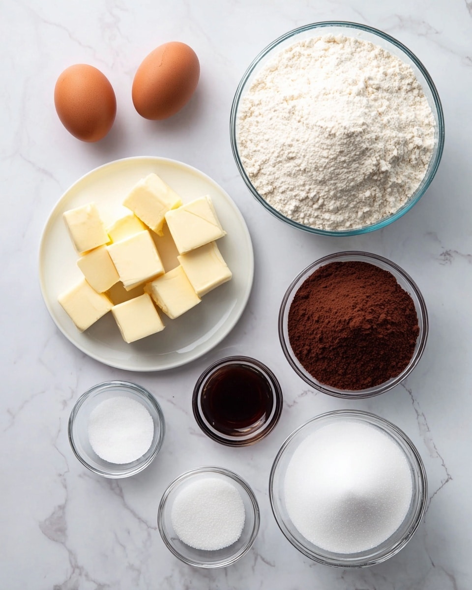 The image shows baking ingredients neatly arranged on a white marbled surface. There are two brown eggs placed side by side on the left. Below them is a white plate filled with yellow cubes of butter. To the right of the eggs is a glass bowl filled with dark brown cocoa powder. Below it is a small clear bowl of dark vanilla extract. Three other small clear bowls are visible, holding white baking soda, white salt, and another white powder ingredient. In the bottom right corner, there is a large glass bowl full of white granulated sugar, and above it, a large glass bowl filled with white flour. The setup is clean and organized, showing a mix of brown, white, and yellow colors with clear glass and white dishes. photo taken with an iphone --ar 4:5 --v 7