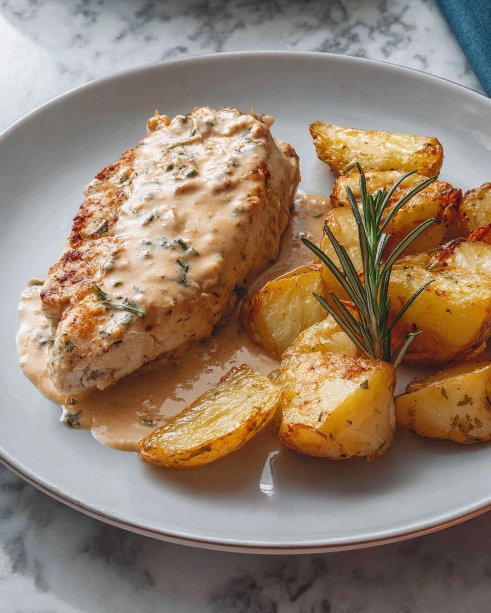 A white plate holds a creamy, light brown piece of cooked chicken on the left side, with visible herbs and a smooth sauce coating it. On the right side, there are several golden roasted potato pieces with a slightly crispy texture, garnished with a small sprig of green rosemary. The plate is placed on a white marbled surface. Photo taken with an iphone --ar 4:5 --v 7