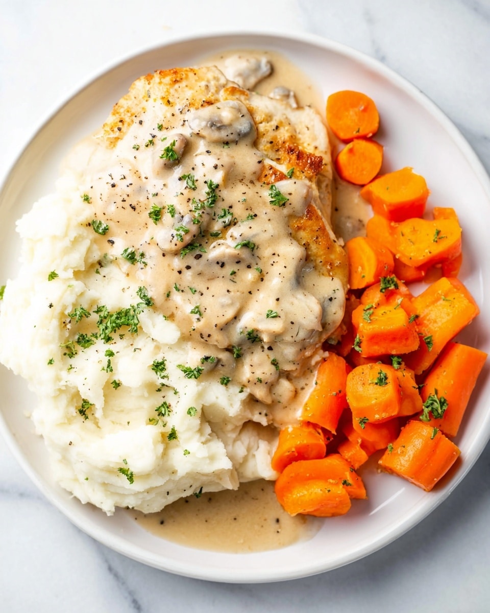 A white plate holds a meal with three main parts on a white marbled surface. On the left side there is a pile of fluffy mashed white potatoes covered in a thick light brown gravy with small pieces of mushrooms, sprinkled with green parsley and black pepper. Above the potatoes is a golden-brown cooked chicken piece with creamy light brown sauce covering part of it, also sprinkled with green parsley. To the right are bright orange carrot chunks cut into even pieces with a light sprinkle of herbs. The colors are warm and the textures include smooth sauce, soft mashed potatoes, tender chicken, and firm carrots. photo taken with an iphone --ar 4:5 --v 7