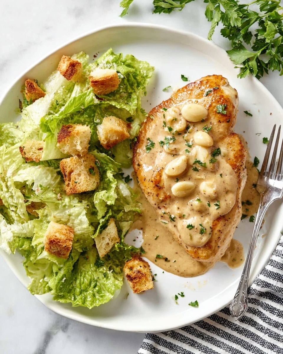 A white plate holds a cooked chicken piece covered with light brown creamy sauce, garnished with small whole garlic cloves and green herbs scattered on top. To the left side of the plate, there is a fresh green lettuce salad mixed with crunchy light brown croutons. The plate is placed on a white marbled surface with some green parsley leaves slightly visible in the top right corner. A fork rests on a black and white striped cloth napkin at the bottom right edge of the image. Photo taken with an iphone --ar 4:5 --v 7