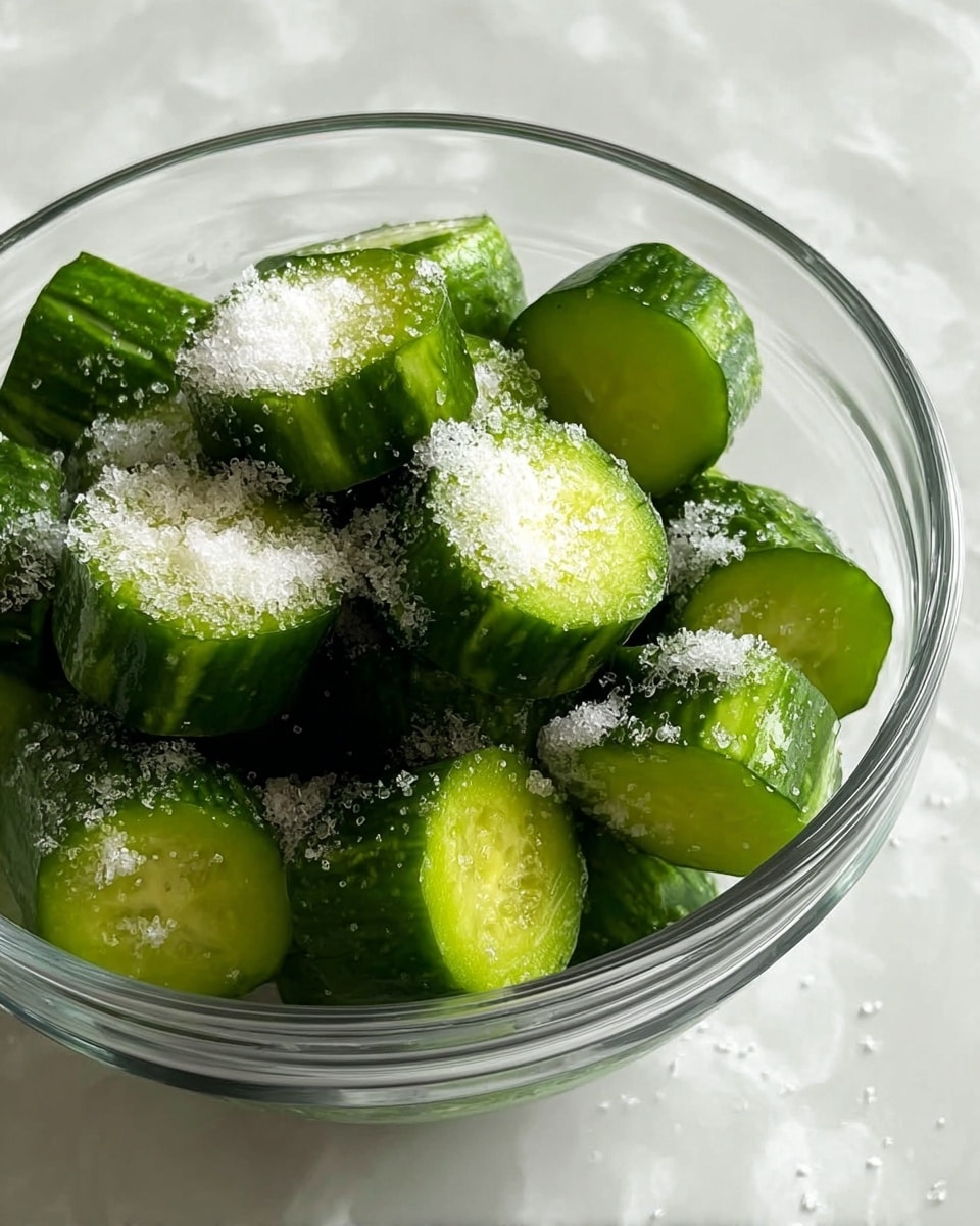 A clear glass bowl filled with several small cucumber pieces, each cut into thick green rounds showing a fresh, moist interior. White granules resembling coarse salt or sugar are sprinkled unevenly on top of the cucumber pieces, adding texture and a speckled look. The bowl sits on a white marbled surface, providing a clean and bright background. The image has a natural light tone. photo taken with an iphone --ar 4:5 --v 7