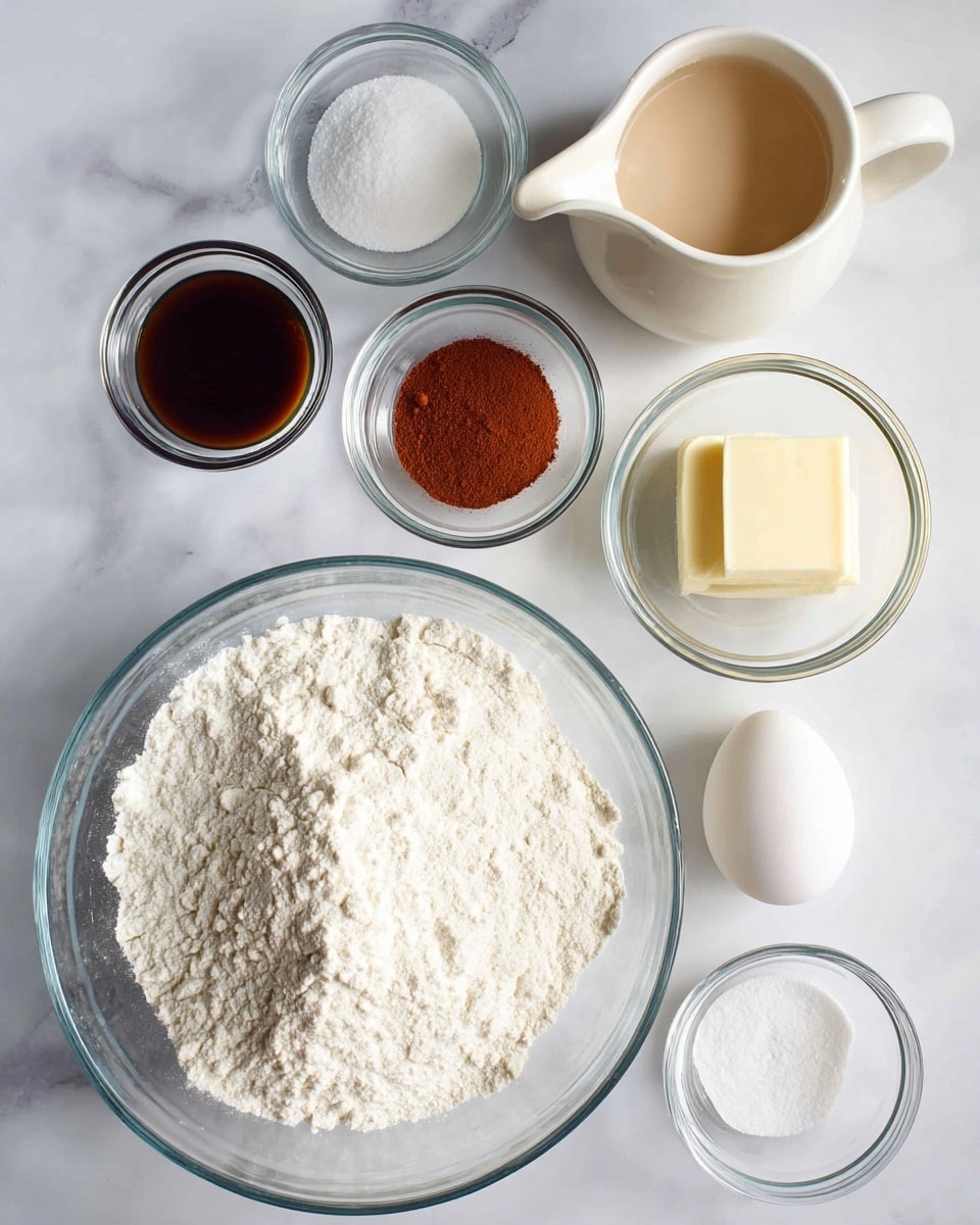 A large clear glass bowl sits at the bottom center filled with a heap of white flour. Above it, there are six small clear glass bowls arranged in a loose hexagon: the top one has dark brown vanilla extract, the top left one contains white granulated sugar, the top right one holds a single white egg, the bottom left has reddish-brown cinnamon powder, the bottom center holds a square of pale yellow butter, and the bottom right has fine white salt. To the right side near the top is a small white ceramic pitcher filled with a light beige creamy liquid. Everything is placed on a white marbled surface. Photo taken with an iphone --ar 4:5 --v 7