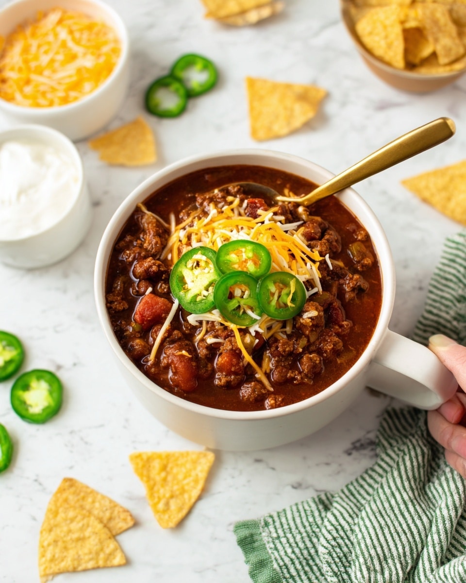 A white bowl filled with thick chili soup that has visible layers of dark brown beans, chunks of red tomatoes, and brown meat pieces. On top, there is a layer of shredded light orange cheese and thin, round slices of bright green jalapeño peppers. A gold spoon is placed inside the bowl. The bowl sits on a white marbled surface with scattered tortilla chips, sliced jalapeños, and small white bowls containing sour cream and shredded cheese. A woman's hand holds the bowl gently from one side. A green and white striped napkin is placed nearby. photo taken with an iphone --ar 4:5 --v 7
