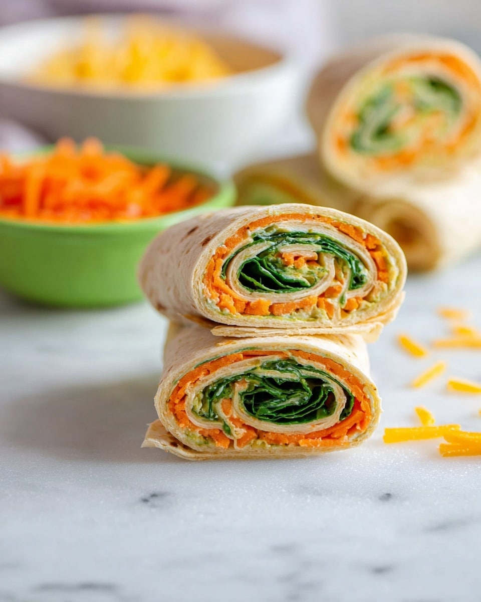 Two pieces of rolled wraps stacked on a white marbled surface, each wrap showing visible layers starting with a light beige tortilla on the outside, then a vibrant orange shredded carrot layer, followed by fresh dark green spinach leaves, and a pale creamy layer inside. More wrap pieces are softly blurred in the background along with a white bowl with some orange shredded carrot, and a green bowl filled with some yellow food. Small carrot shreds and cheese bits are scattered around the rolls. photo taken with an iphone --ar 4:5 --v 7
