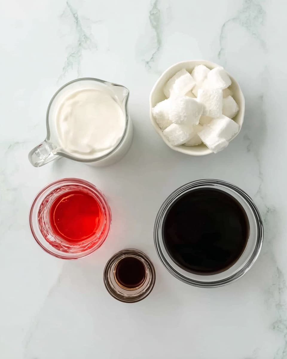 The image shows five containers placed on a white marbled surface: a clear glass pitcher filled with white cream on the left; a white bowl with white ice cubes on the top right; a small clear glass with dark brown liquid at the bottom left; a medium-sized clear glass with a bright red liquid to the right of the small glass; and a larger clear glass bowl filled with a very dark liquid below the white bowl. Each container is spaced apart showing its contents clearly. photo taken with an iphone --ar 4:5 --v 7