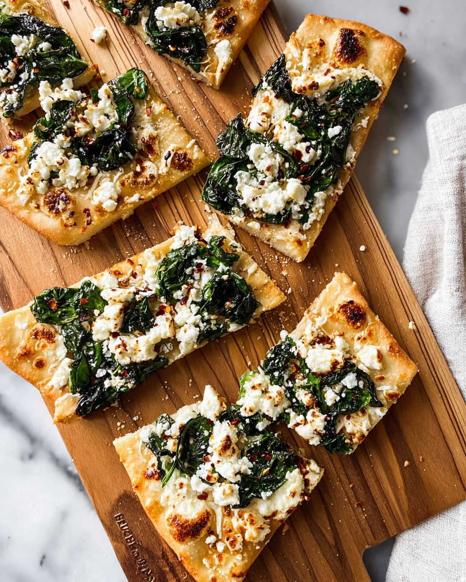The image shows six rectangular flatbread slices laid out on a wooden board with the text “Powell Framily Cooking” lightly visible on it. Each flatbread slice has a golden-brown crispy crust. On top, there is a layer of melted white cheese spread unevenly, followed by cooked, dark green spinach leaves scattered generously in small bunches. There are also crumbles of white cheese sprinkled over the spinach, adding some texture, with a light dusting of red chili flakes over the whole top. The wooden board sits on a surface with a white marbled texture, and a piece of a white cloth can be seen on the right side. photo taken with an iphone --ar 4:5 --v 7